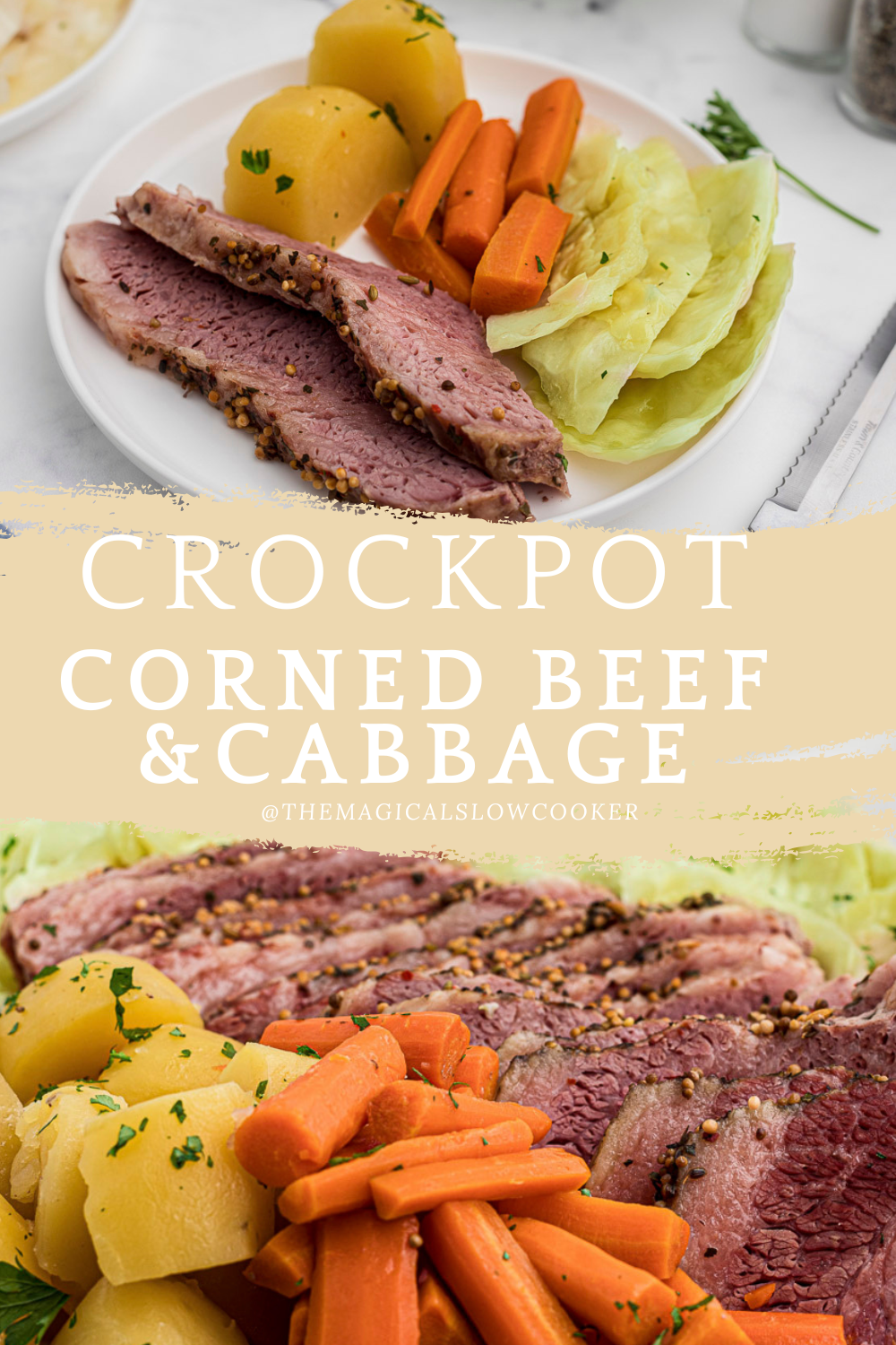 CORNED BEEF AND CABBAGE IN A SLOW COOKER AND ON A PLATE.