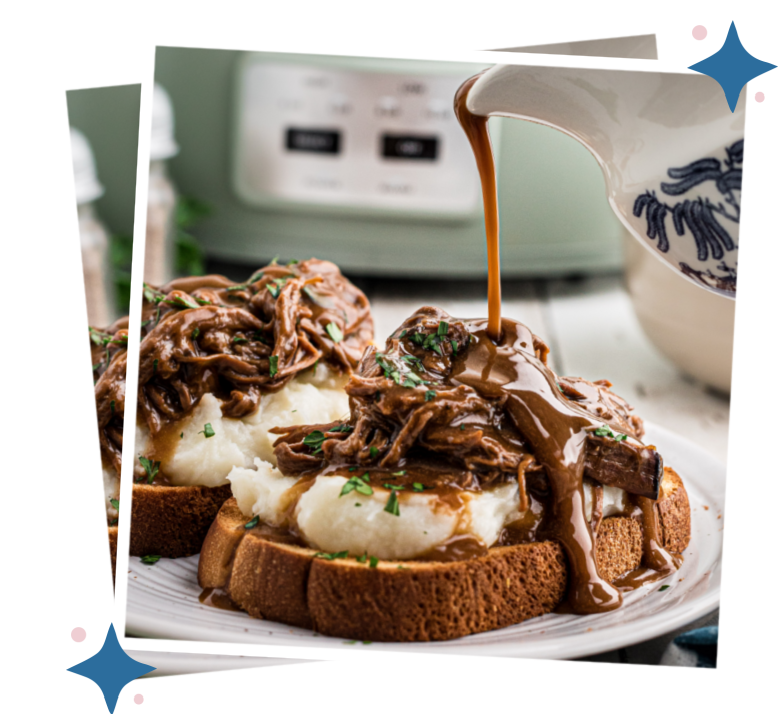 gravy being poured over hot roast beef sandwich.
