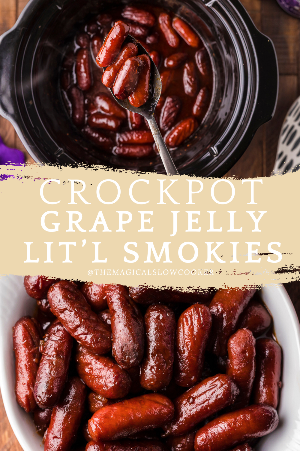 Little smokies in grape jelly, in a slow cooker and in a bowl.