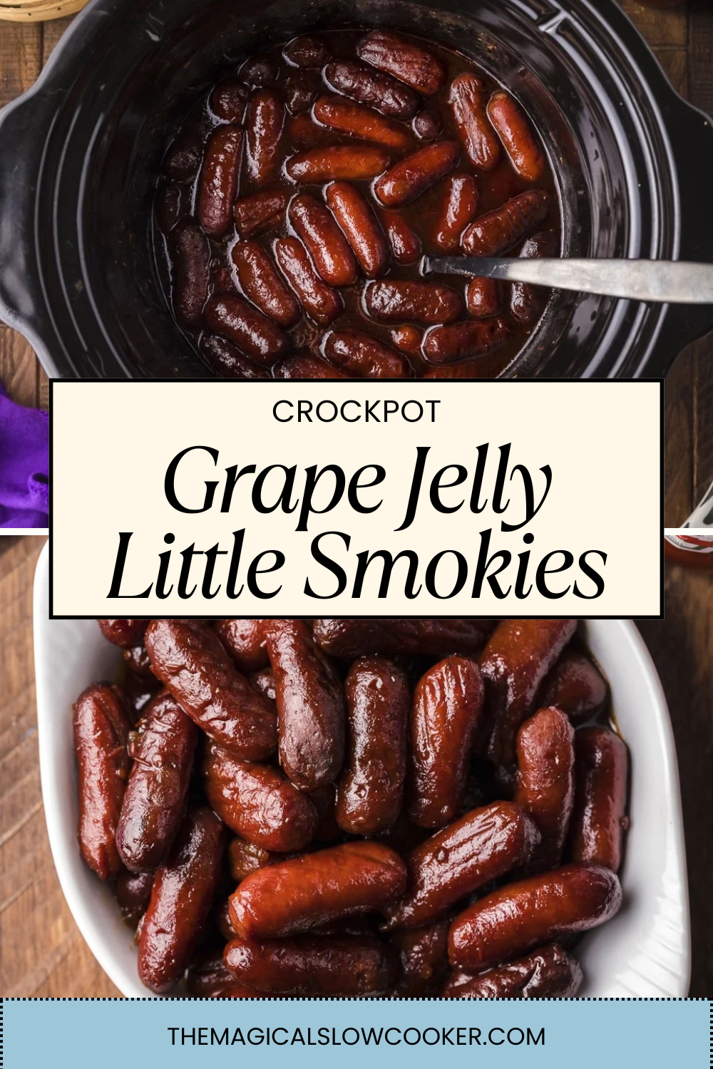 grape jelly meatballs in a slow cooker and in a bowl.