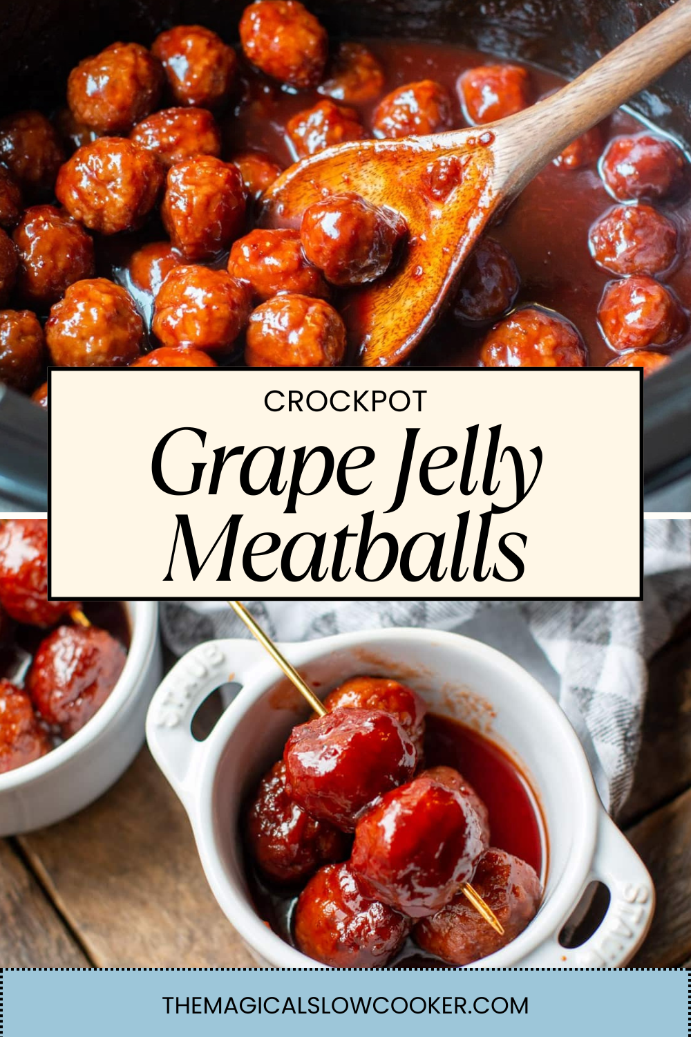 grpae jelly meatballs in a slow cooker and in a bowl.