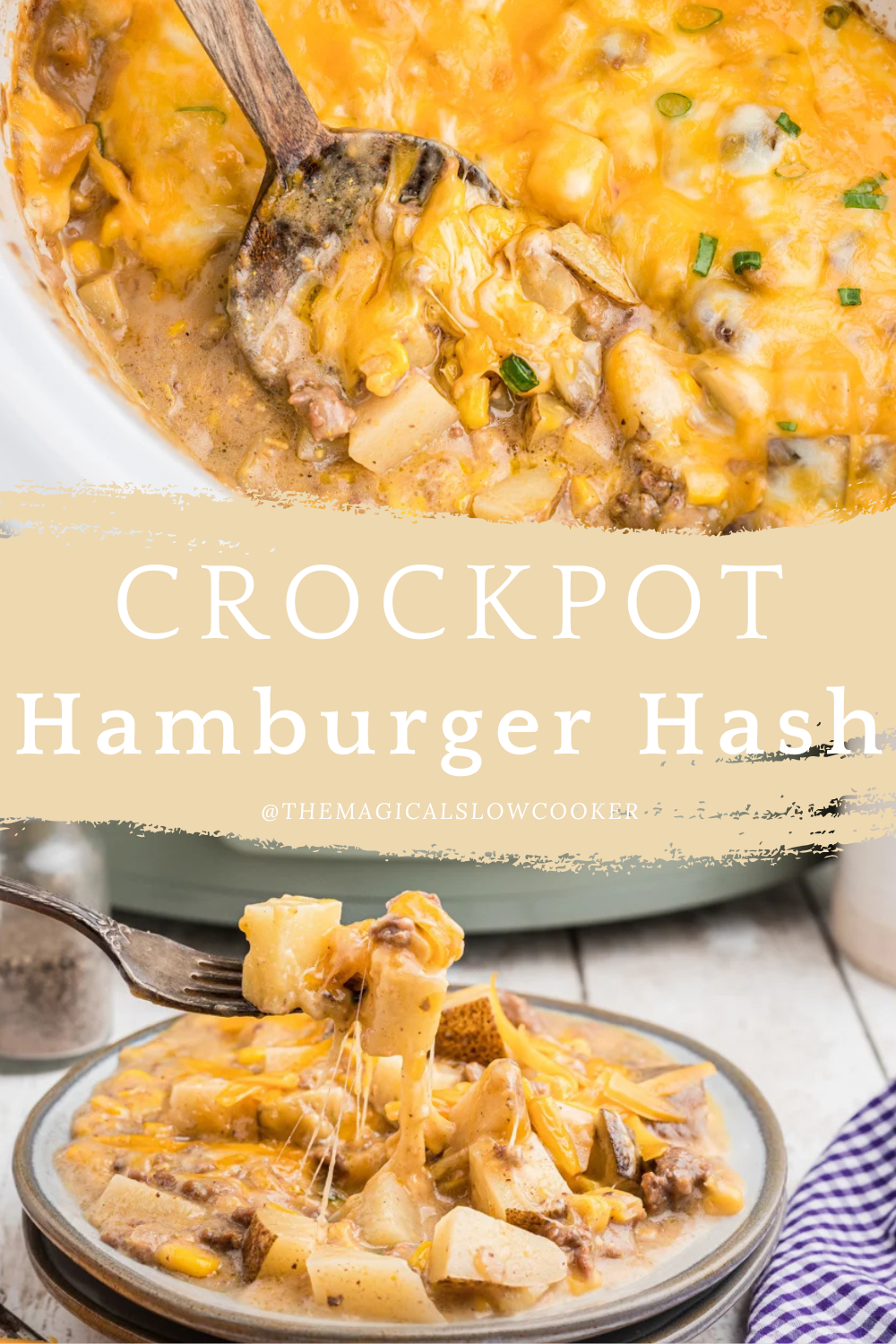 hamburger hash in a slow cooker and on a plate.