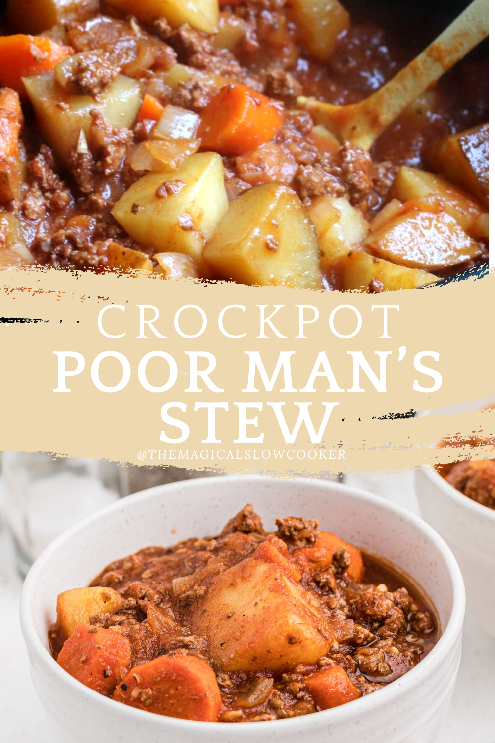 Poor mans stew in a slow cooker and a bowl.