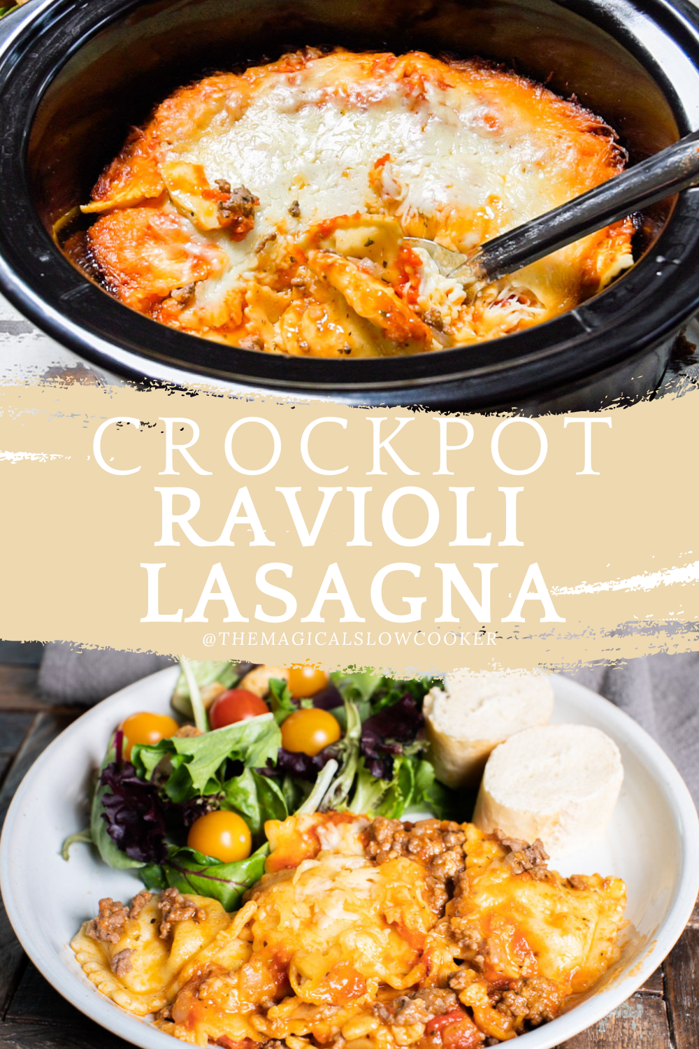 ravioli lasagna in a slow cooker and on a plate.