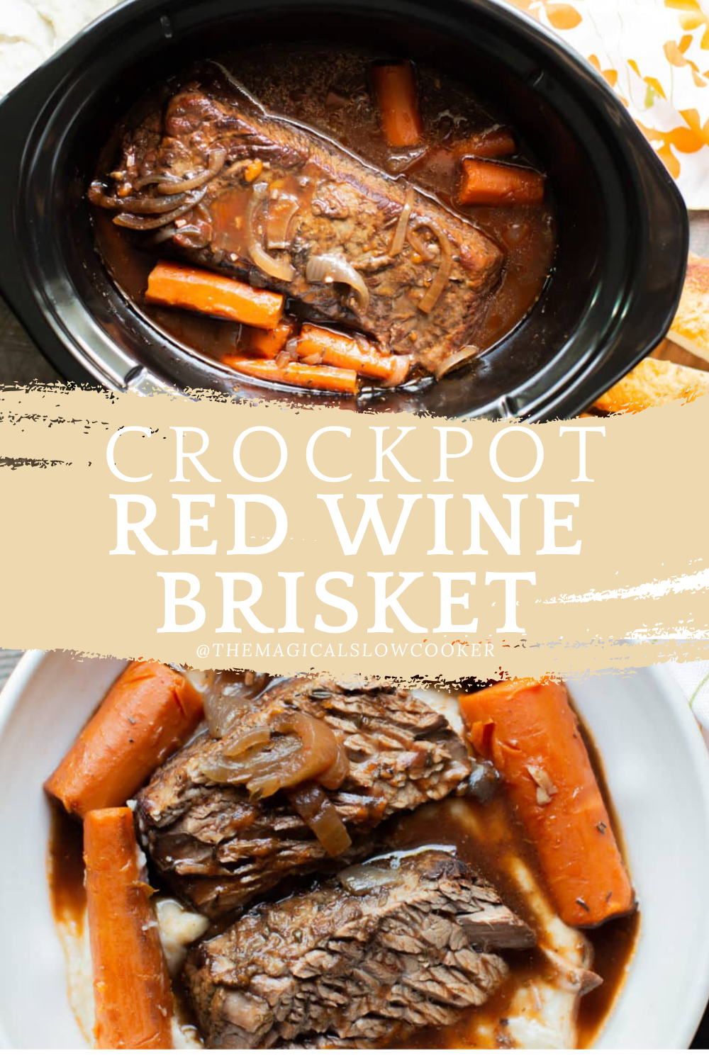 slow cooker red wine brisket in a slow cooker and on a plate.