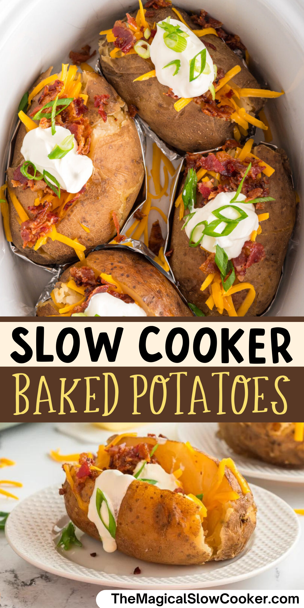 Baked potatoes images with text overlay for pinterest.