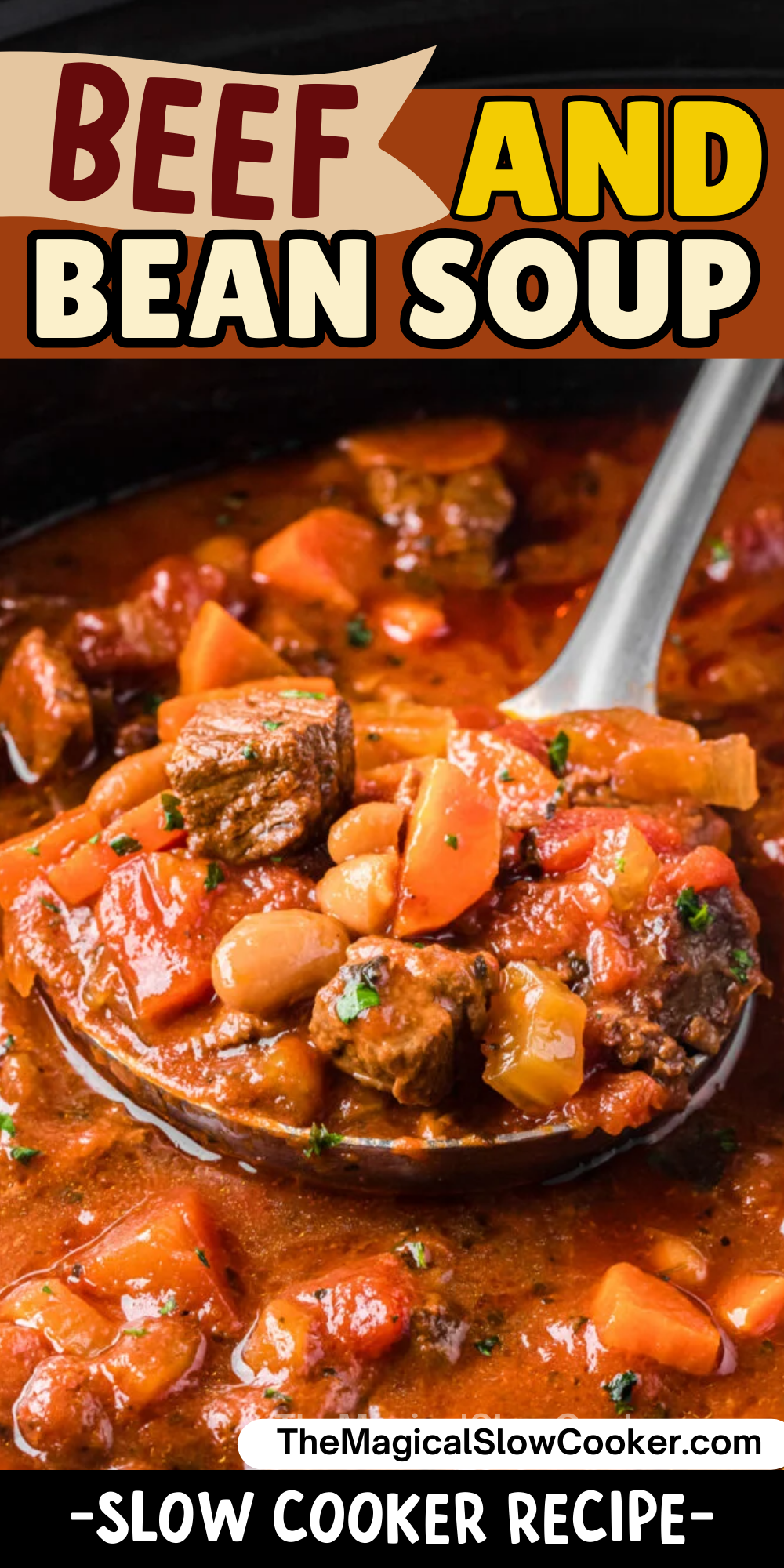Beef and bean soup photos with text overlay for pinterest.