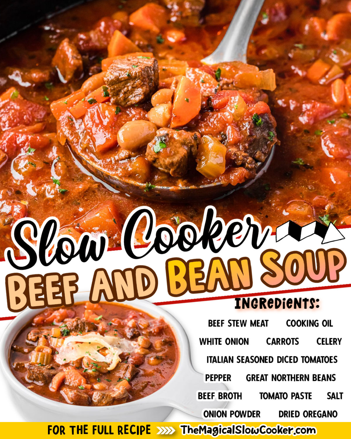 Beef and bean soup photos with text of what the ingredients are for facebook.