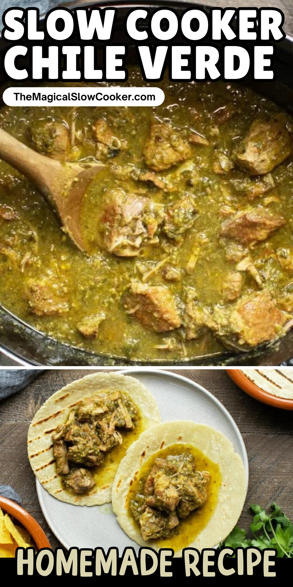 Chile verde images with text overlay for pinterest.