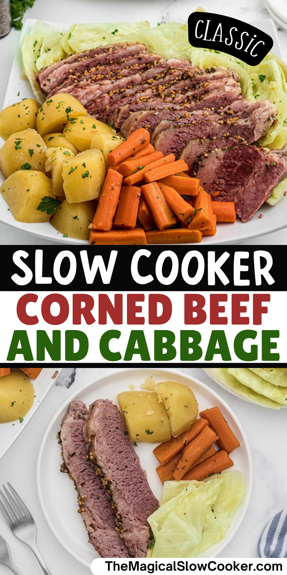 Corned beef and cabbage images with text overlay for pinterest.