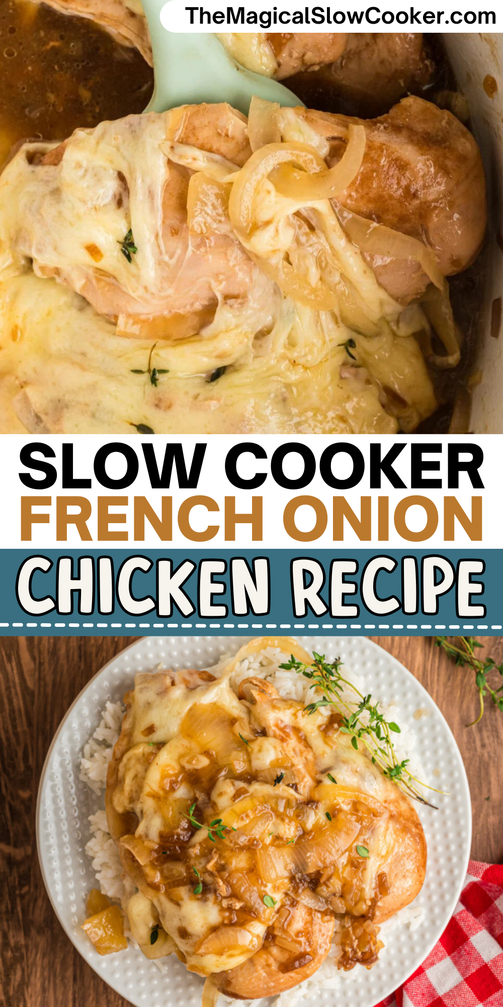 French onion chicken images with text overlay for pinterest.
