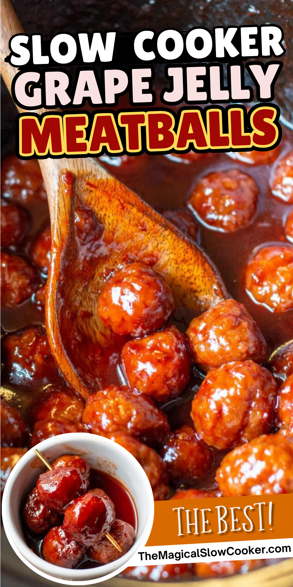 Grape jelly meatballs images with text overlay for pinterest.