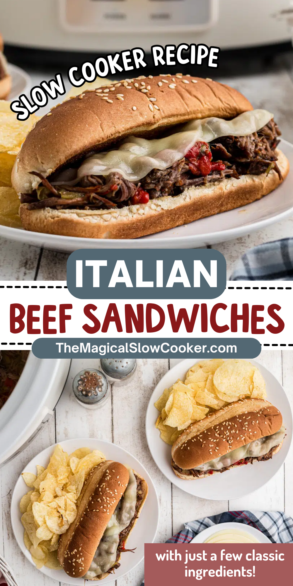 Long image of italian beef sandwiches with text for facebook.