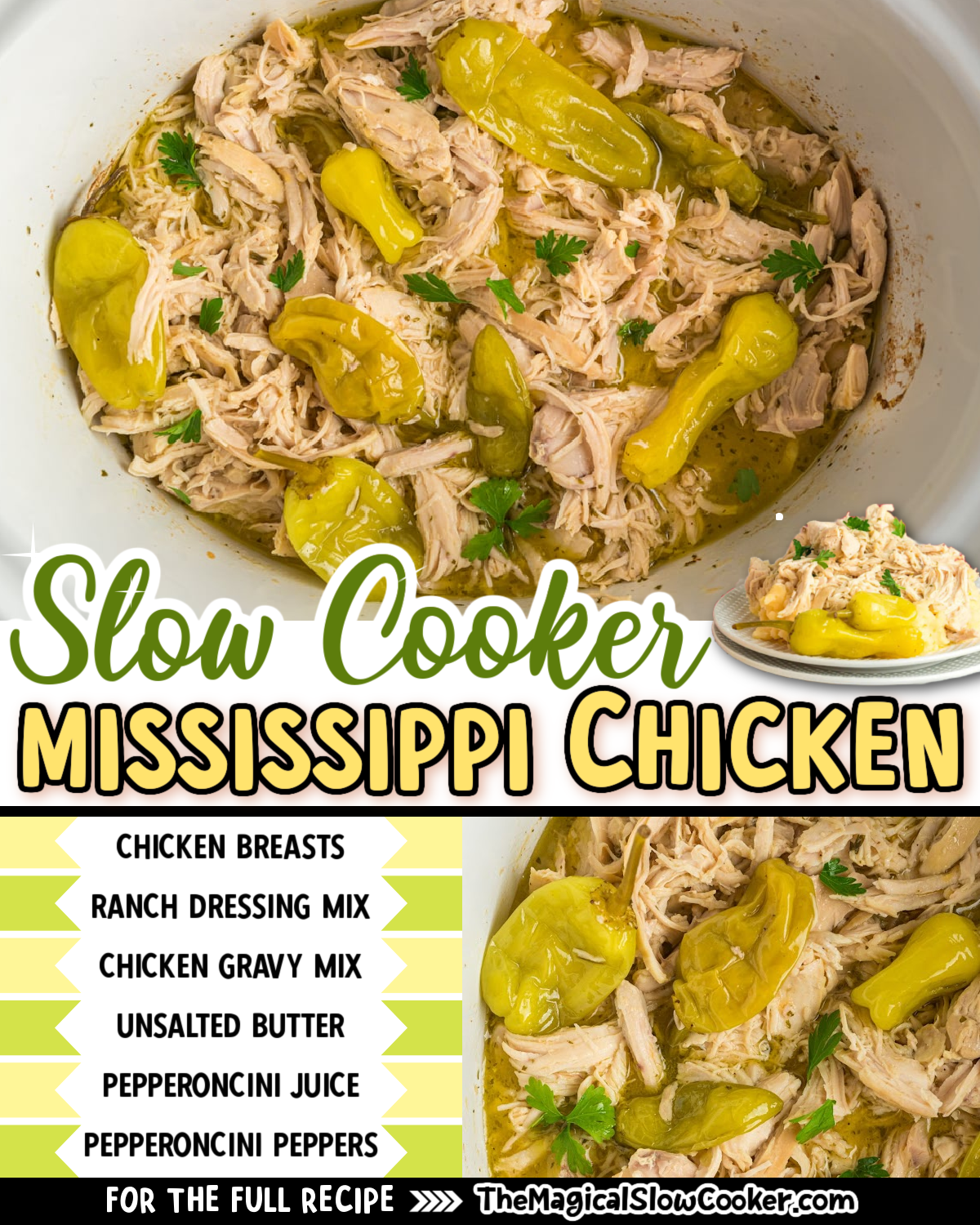 Mississippi chicken photos with text of what the ingredients are for facebook.