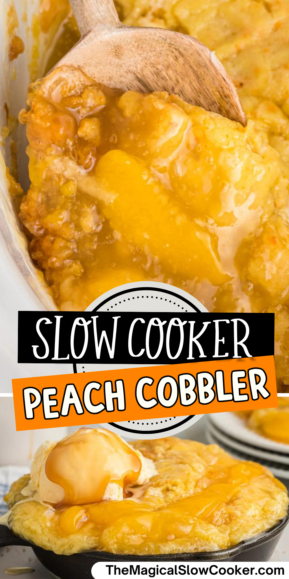 Peach cobbler images with text overlay for pinterest.