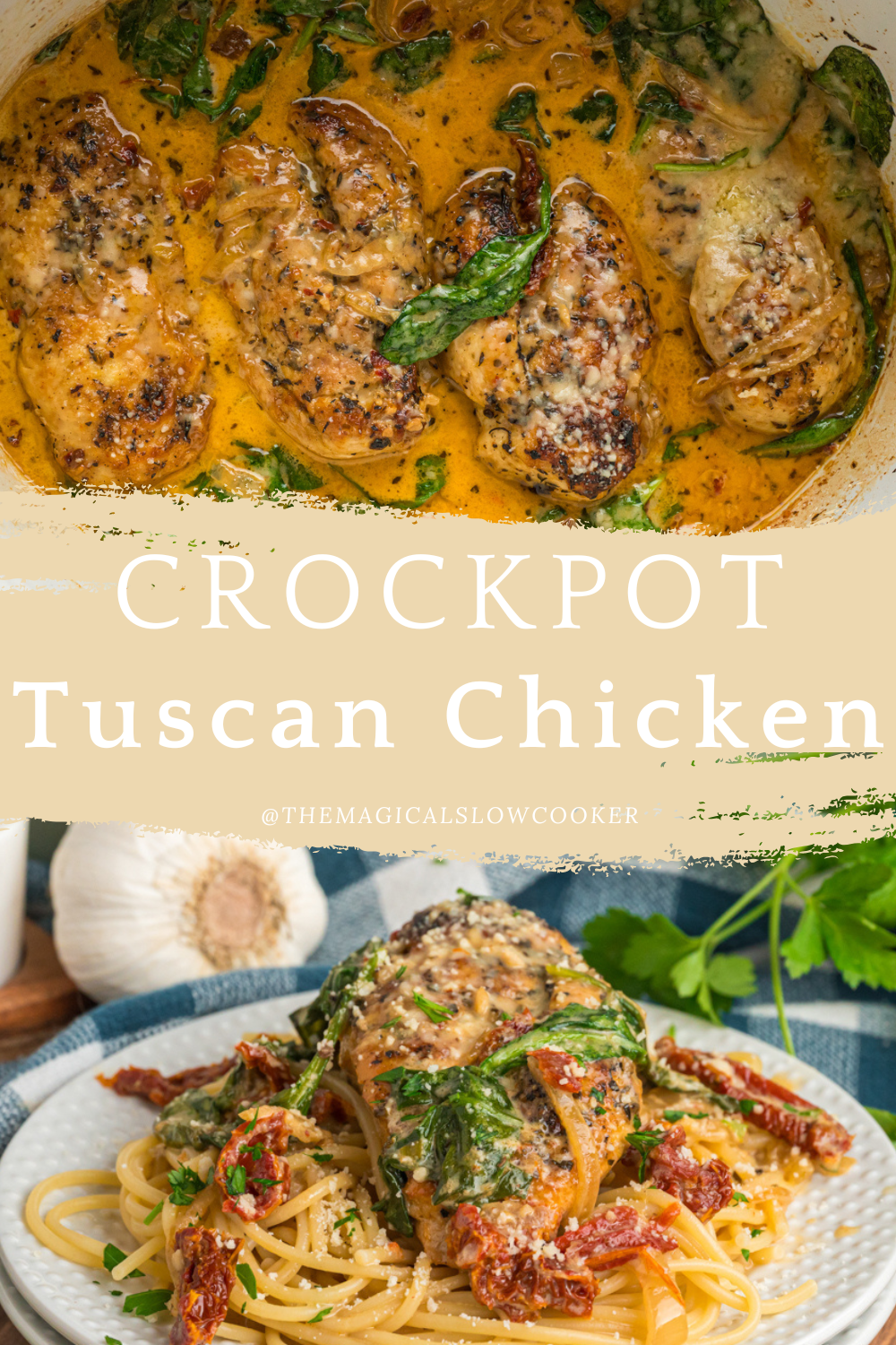 tuscan chicken in a slow cooker and on a plate.