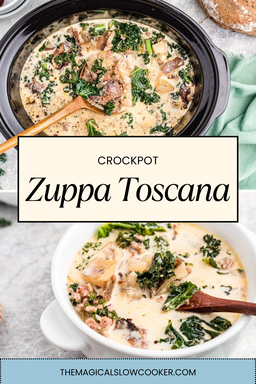 zuppa toscana in a slow cooker and in a bowl.